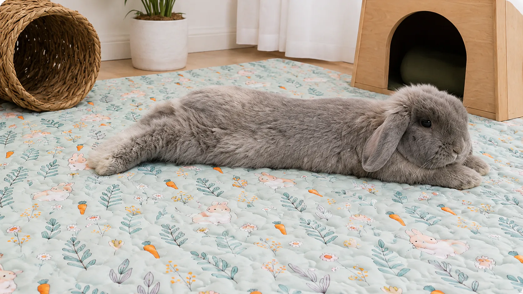 Gray lop rabbit relaxing on a soft washable Bunny Banana mat in an indoor home